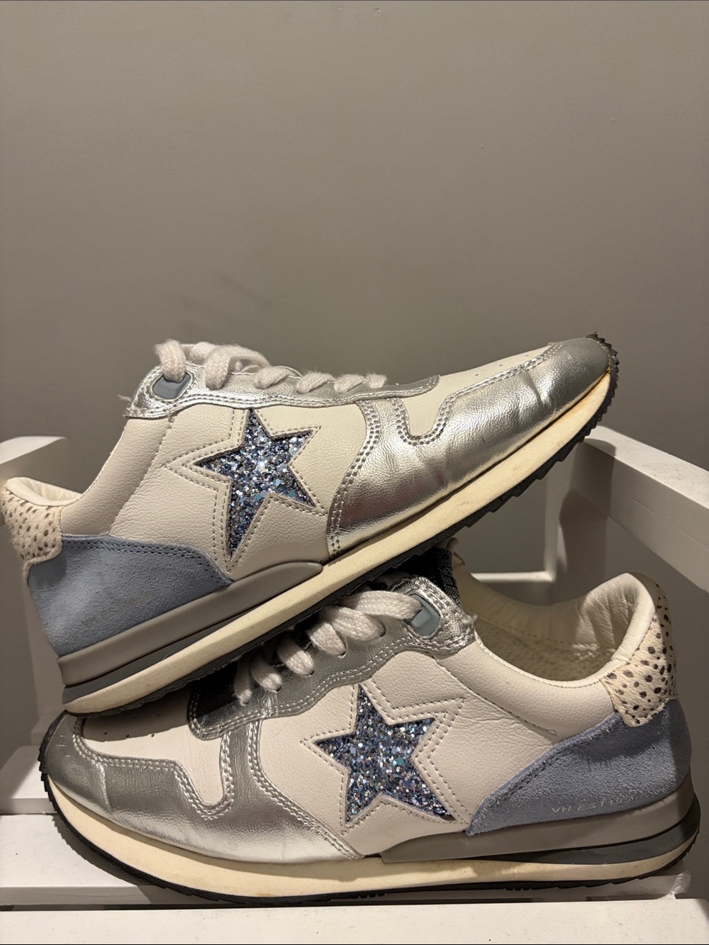 Vintage Havana White & Silver Sneakers with Blue Glitter Star